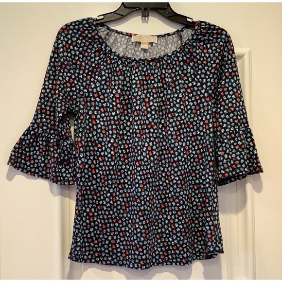 Michael Kors Blouse Top Size XS Blue Multicolored Ruffle Flutter 3/4 Sleeves - Picture 1 of 8